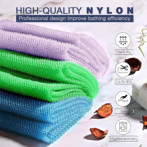 Image of UJFQBH 3 Pieces African exfoliating net African Net Long Net Bath Sponge Exfoliating Shower Body Scrubber Back Scrubber Skin Smoother,Great for Daily Use (Purple, Blue, Green)