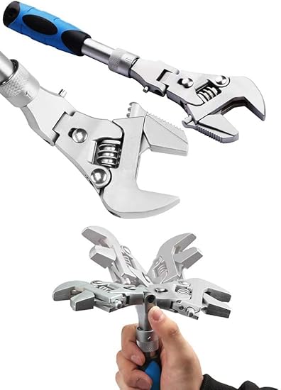 KBZONE Adjustable Wrench Spanner with Retractable Extension Shank and 180 Rotating Head Household Maintenance Practical Ratchet Wrench Bathroom Air Conditioner Narrow Space Maintenance Wrench