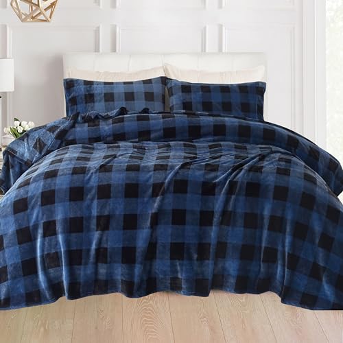 Elegant Comfort Luxuriously Soft 4-Piece Velvet Plush Flannel Sheet Set - Premium Quality - Cozy Warm, Anti-Static, Non Pilling Fuzzy Velvet Flannel Fleece Deep Pocket Sheet Set - Full, Buffalo Blue