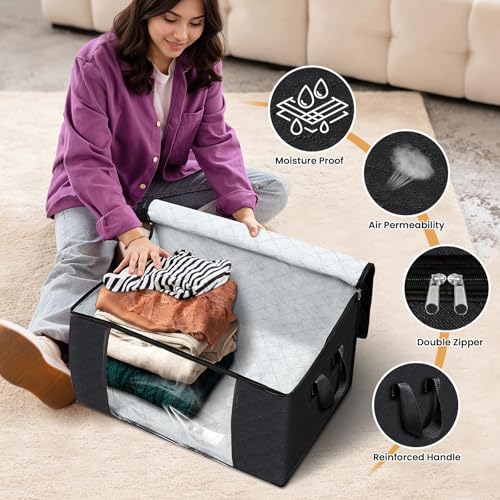 Image of Fab totes 10 Pack Clothes Storage, Foldable Thick Fabric Blanket Storage Bags, Containers for Organizing Bedroom, Closet, Clothing, Comforter,Closet Organization with Handle,Black