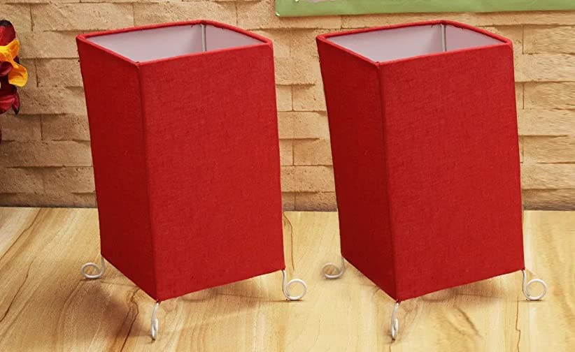 Image of Handicraft Table Lamp Shade Pendant Lighting | Fabric Shade | Sconce Lighting | Floor Lamp | Steady Lamp | On /Off Switch | Pack Of 2 | Square Red
