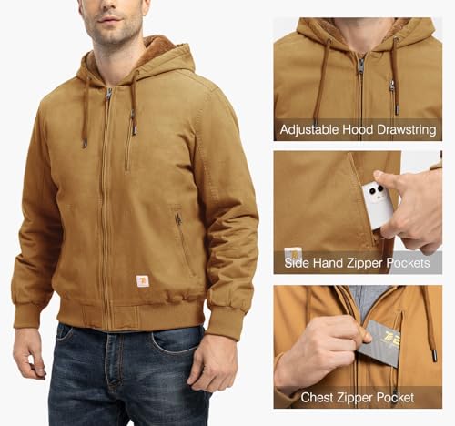 Image of TBMPOY Men's Cotton Work Jackets Flannel Lined Duck Hooded Active Jacket Workwear Winter Coat