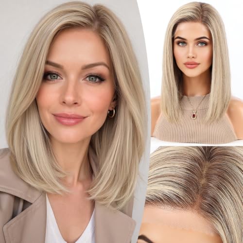 Image of KKU 100% Human Hair Wig, Lace Front Wigs Human Hair Side Part,Light Brown Mixed Blonde Wig Human Hair, Real Human Hair Wigs for Women(14Inch)