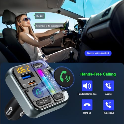 SOARUN Bluetooth Car Adapter - Bluetooth 5.3 FM Transmitter, PD 45W & QC3.0 12W Fast Car Charger, Wireless FM Stereo Radio Music Adapter [Hi-Fi Bass/Treble Roller], Hands-Free Calling/U-Disk - Thumbnail 6