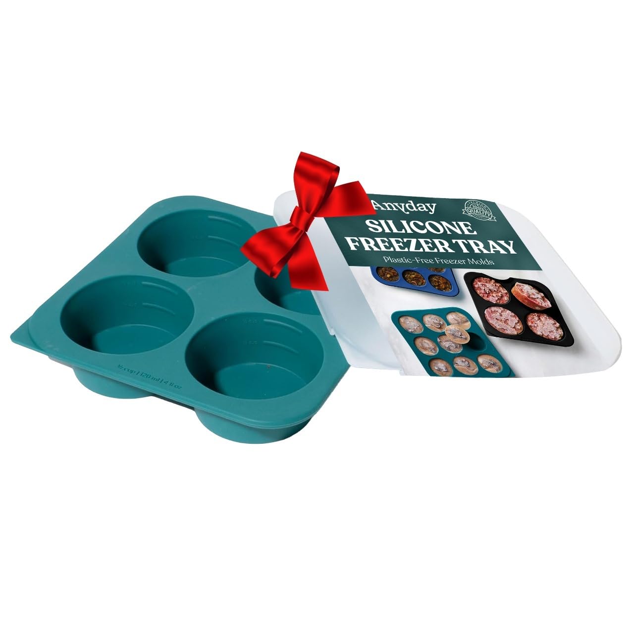 1/2-Cup Silicone Freezer Tray with Silicone Lid for Food Storage, Rice, Stock, Leftovers | Plastic-Free Freezer Container | Soup Molds for Meal Prep Portions | 4 Oz / 125mL Freezing Tray