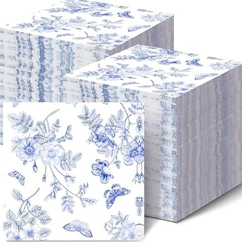 100 Pack Floral Napkins Blue White Floral Cocktail Napkins Blue White Floral Paper Napkins Blue Flower Napkins for Bridal Baby Shower Tea Party Blue White Floral Birthday Party Supplies Decor Cover