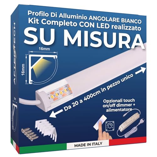 AFTERTECH Barra LED Profilo Alluminio ANGOLARE BIANCO SU MISURA al centimetro da 20 a 400cm in pezzo UNICO - LUCE POTENTE 19,2w/m 180led/m - PERSONALIZZABILE - MADE IN ITALY - Sottopensile Cucina