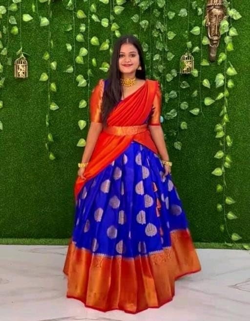 Image of RENVAANI FASHION Women's Indian Traditional Unstitched Kanjivaram Silk Pure Zari Weaving Lehenga Choli With Dupatta Attach With Unstitch Blouse Piece, Half Saree (HALF SAREE HT53 KHAJURI ROYAL RED)