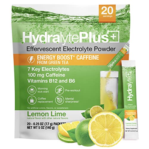 Hydralyte Electrolytes Plus Energy - Lemon Lime Low Sugar Rapid Rehydration Powder with Caffeine - Lightly Sparkling Electrolyte Powder for Sports Performance and Recovery (8oz Serving, 20 Count)