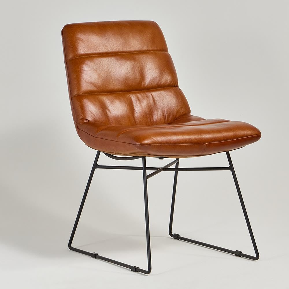 WSG Didsbury Dining Chair Tan Real Leather Lounge Seat Black Metal Mid-Century Frame