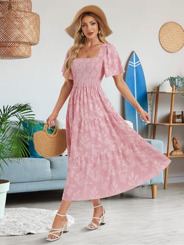 Image of Women's Summer Dresses 2025 Casual Maxi Dresses Boho Floral Short Sleeves Square Neck Beach Vacation with Pockets