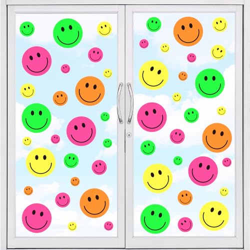 Image of Whaline 9 Sheet Smile Face Window Clings Neon Colored Happy Face Reusable Window Decals for Home Classroom Office Nursery Windows Decor