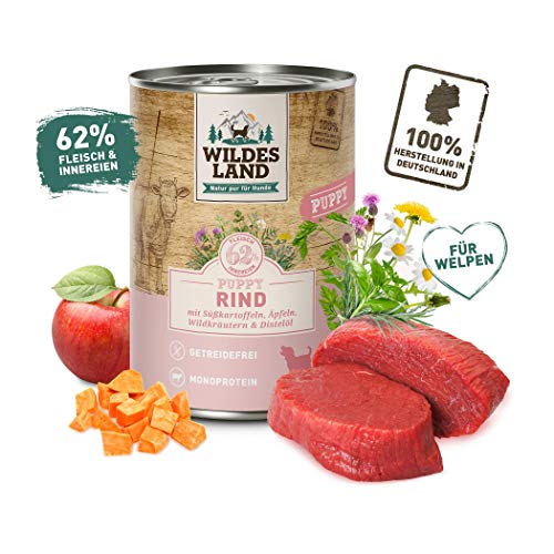 Wildes Land - Nassfutter für Hunde - Puppy Rind - 6 x 400 g - mit Süßkartoffeln, Äpfeln, Wildkräutern & Distelöl - Glutenfrei - Extra viel Fleisch - Beste Akzeptanz und Verträglichkeit