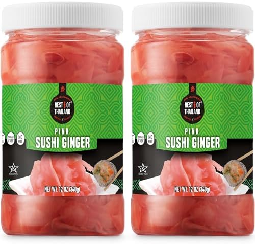 Best of Thailand Japanese Pink Pickled Sushi Ginger | No MSG | 2 Jars of 12oz Fresh Sliced Young Gari Pickled Ginger in Sweet Pickling Brine with Color | Fat-Free, Sugar-Free, Kosher