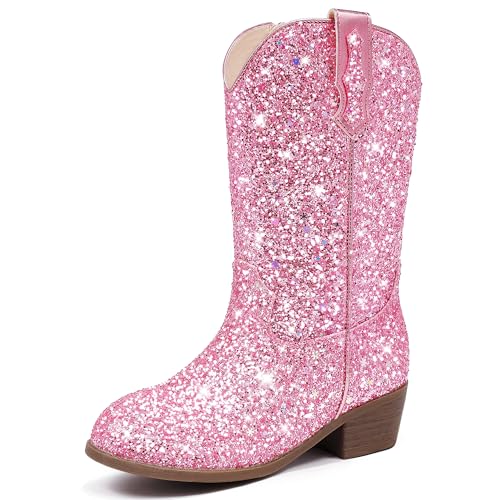 Motasha Cowgirl Boots For Girls Sparkle Girl Cowboy Boots Big Kids Glitter Sequin Dress Toddler Girls' Boot Dressy Western Sparkly Pink 8 Year Old Size 1 Christmas Halloween(M7122 Sequins Pink 1)