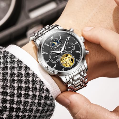 Image of OLEVS Men Automatic Skeleton Watch - Luxury Stainless Steel Calendar Moon Phase Mechanical Dress Wrist Watch with Luminous, Waterproof Self-Wind (Gold /Silver /Blue /Black)