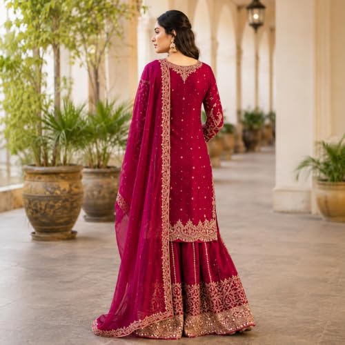 Image of Women's Ethnic Plazzo Suit Set with Kurta & Dupatta | Fendy Fabric Embroidered Kurta Set | Round Neck 3 /4 Sleeve Dress | Elegant Outfit