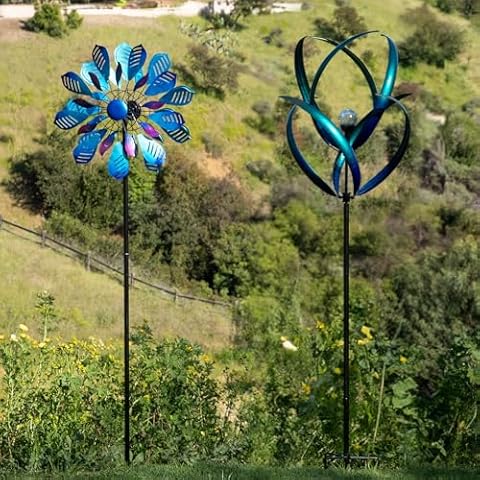 Cyan Oasis Blue 3D&Double-Side Wind Spinners with Sloar Light, Outdoor Wind Spinners for Yard and Garden Metal Large Cover