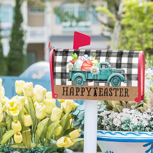 Image of Happy Easter Buffalo Plaid Truck Eggs Mailbox Cover - Standard Size 18 X 21 Inch Spring Holiday Mailbox Wrap Post Letter Box Decorative for Home Outdoor Garden