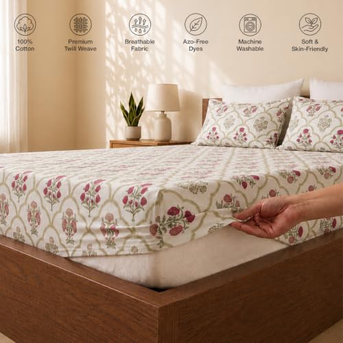 Image of HOMEMONDE 186 TC Soft Cotton Fitted Sheet Floral Printed Queen Size Elastic Fitted Bedsheet with Two Pillow Covers - (78 x 72 Inches, Spring Buds Pink) | Perfect for Home Decor & Gifting