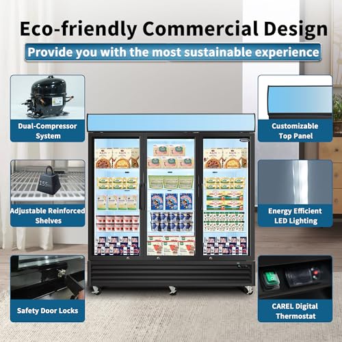 Image of mikibama Glass Door Merchandiser Freezer, 70 Cu.ft Swing Door Commercial Reach-In Display Refrigerator with LED Top Panel Upright Freeze Storage, Three Cabinets, Black