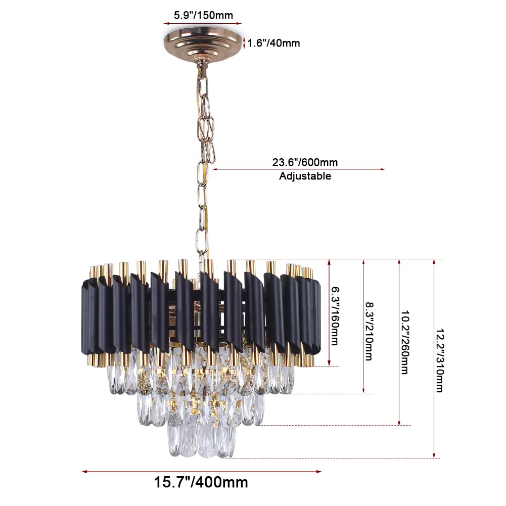 FRIXCHUR Czarno-złoty kryształowy żyrandol, lampa sufitowa, 3-poziomowa, podtynkowa, lampa sufitowa do sypialni, salonu, jadalni, przedpokoju, E14 x 5 (żarówki nie są dołączone)
