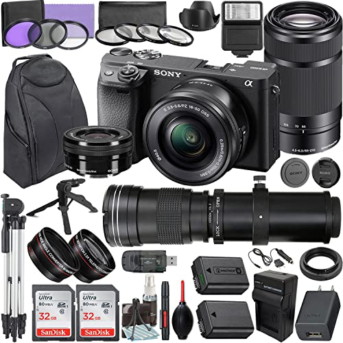 Camera Bundle for Sony a6400 Mirrorless Camera Black with 16-50mm f/3.5-5.6, 55-210mm f/4.5-6.3, 420-800mm f/8 Manual Focus Lens + Accessories Kit (64GB, Extra Battery, Tripod, and More)