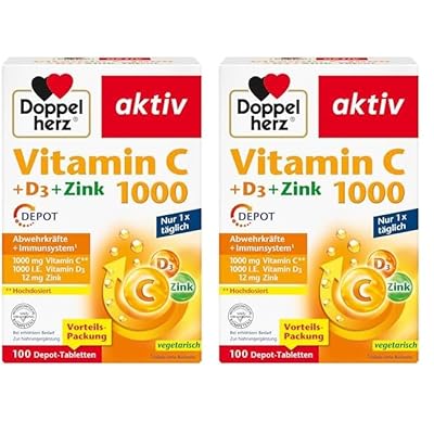 doppelherz vitamin c 1000  d3  zinc - high dose with vitamin c and vitamin d to support the immune system and protect cells - 100 depot tablets pack of 2