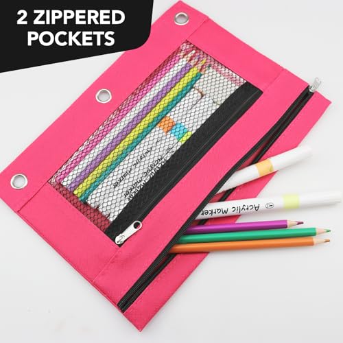Image of 3 Ring Pencil Pouch for Binder, 2-Pocket Zipper Pencil Case with Clear Window & Mesh Pocket, 600D Oxford Fabric Binder Pouch for School Office Supplies, Fits Standard 3-Ring Binders, Rose Red