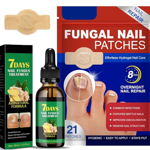 Fungal Nail Patches & Ginger 7 Days Nail Treatment – Daily Nail Support for Stronger, Clearer Looking Nails – Easy-to-Use Hydrogel Patches + Natural Formula, 21 Patches & 30ml