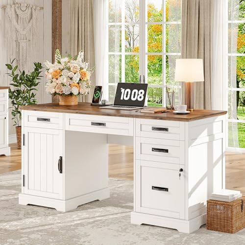 Whalefall 55'' Farmhouse Desk Home Office with Drawers, Executive Computer Desk Wooden with File Cabinet and Charging Station, White