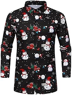 HULKAY Christmas Long Sleeve Shirt for Men Xmas Gift Santa Claus Snowflake Shirt Hawaii Floral Printed Button Down Shirt(Black B,XXL)