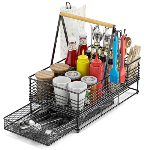 Fitnice Grill Caddy for Outdoor Grill, BBQ Caddy with Paper Towel Holder 2-layer Camping Caddy Organizer Picnic Accessories Tailgate Essentials Grilling Gifts for Men