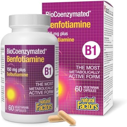 Natural Factors BioCoenzymated Benfotiamine, B1 plus Sulbutiamine, 60 vegetarian capsules, The Most Metabolically Active Form of Vitamin B1, Essential for Healthy Nerve Function, Proudly Canadian