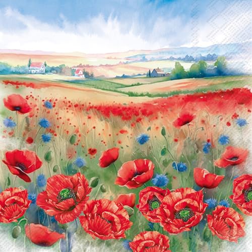 IHR Serviette Poppy Meadow Paper 33 x 33 cm Pack of 20 Summer Decoration Printed on One Side Perfect for Decoupage Table Decoration Crafts Summer Motif