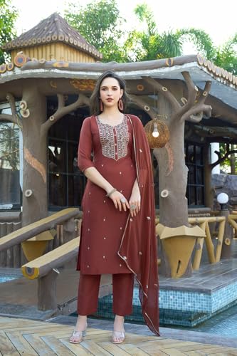 Image of GoSriKi Women's Cotton Blend Embroidered Kurta Set with Pant & Dupatta - Straight Calf‑Length, 3 /4 Sleeve, Round Neck - Elegant Ethnic Attire (5 Colors, S-5XL)
