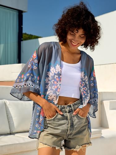 Image of Chunoy Women Summer Casual Open Front Blouse Top Lightweight Chiffon Kimono Beach Wear Cover Up Grey XX-Large