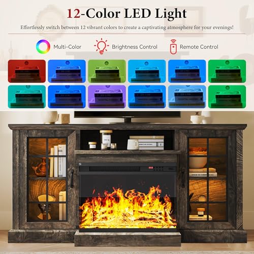 Image of MXV 59'' Fireplace TV Stand, Farmhouse Entertainment Center with 3 Sided Glass TV Stand, Modern Media Console Table with Storage Drawers & Cabinets with LED Flame and Lights for Living Room, Gray