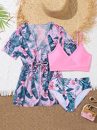 Image of WDIRARA Toddler Girl's Tropical Print Scoop Neck Cute Bikini 3 Piece Swimsuit with Kimono