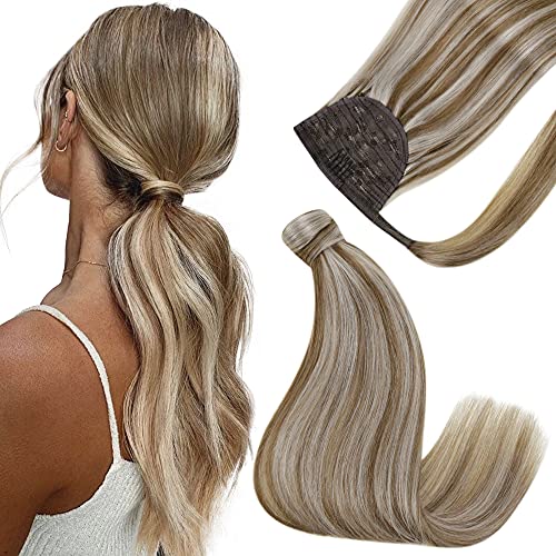 Easyouth Ponytail Hair Extensions Real Human Hair Ash Blonde Highlight Platinum Blonde 16 Inch 80g Wrap Around Clip in Ponytail Extension