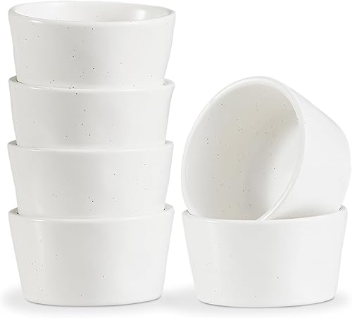 ONEMORE Ramekins - Juego de 6 tazas pequeñas de cerámica para natillas de cerámica para una sola porción, moteadas, apilables, aptas para microondas