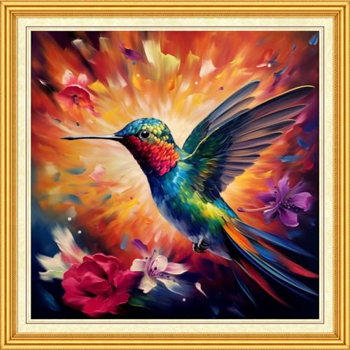Image of DMCVIVR Stamped Cross Stitch Kits for Beginners Adults Needlepoint Kits for Beginners Embroidery Kits for Adults Crossstitch Kit for Beginners 11CT-Magic Hummingbird 18x18 inch, ArtKits01