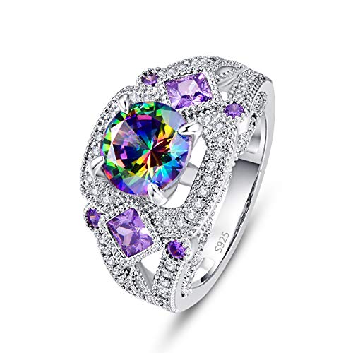 Empsoul 925 Sterling Silver Women's Created Round & Princess Cut Filled 7x7mm Rainbow & Purple Topaz 7-Stones Unique Bridal Wedding Ring Size 8