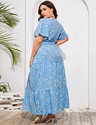 Image of ShopWonder Womens Plus Size V Neck Wrap Maxi Dress High Waist Ruffle Summer Casual Dress with Belt