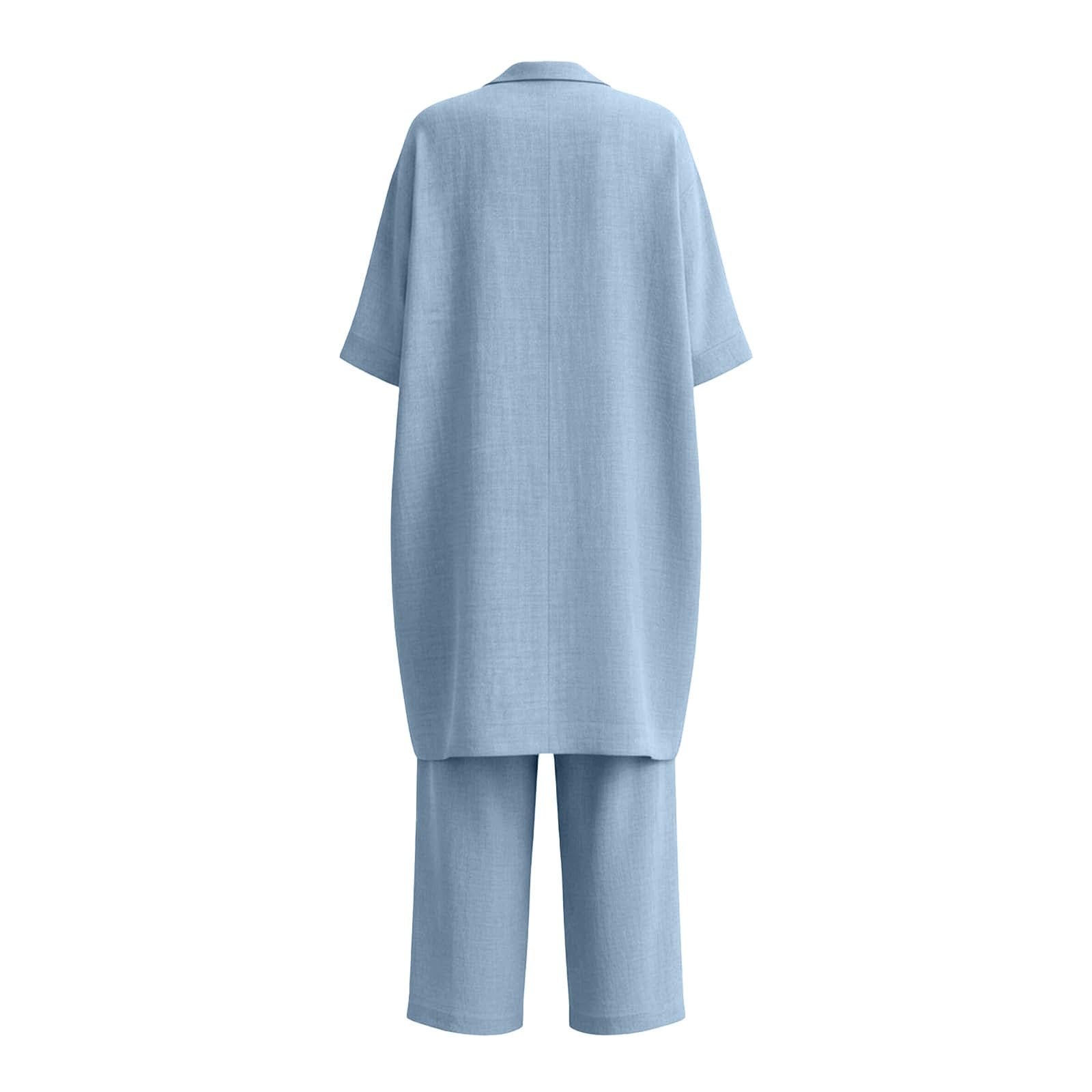 Générique Ensemble Femme Chic Élégant 3 Pièces en Lin Haut Assorti à Manches Courtes Haut Sans Manches Pantalon Palazzo Taille Haute à Jambes Larges Tenue d'Été Décontractée Grande Taille