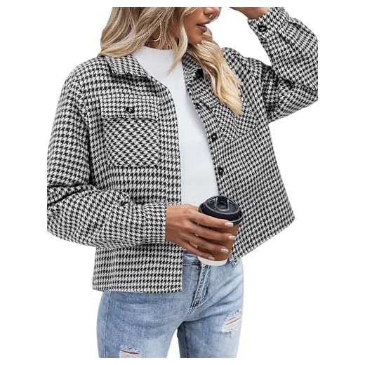 Zeagoo Shacket Women Cropped Flannel Plaid Button Down Jacket Black Houndstooth Casual Fall Fashion Coats