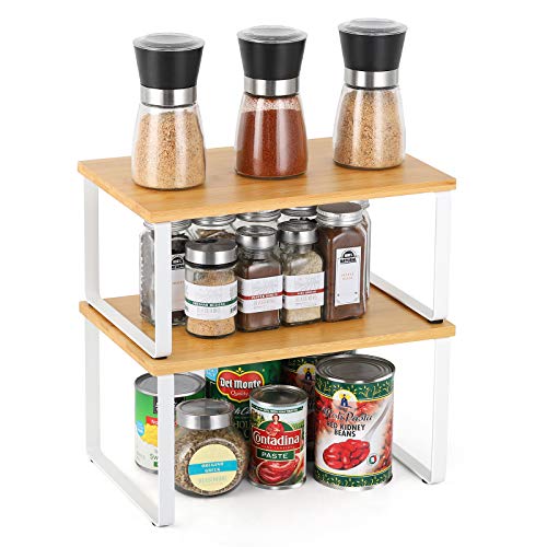 UOMIO Küchenregal Stehend 2er Set Gewürzregal Organizer aus Bambus 2 Stapelbar Küchen Regaleinsatz für Schrank Küchenschrankordnungssysteme
