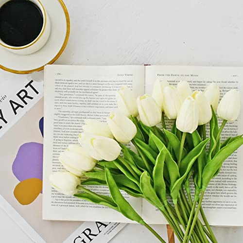 Image of ONLY ART Artificial Cream Tulips 20 Pcs - 13.5 Inch PU Faux Flowers with Bendable Stems for Home Decor, Wedding Centerpieces, DIY Floral Arrangements, New Year and Valentine's Day