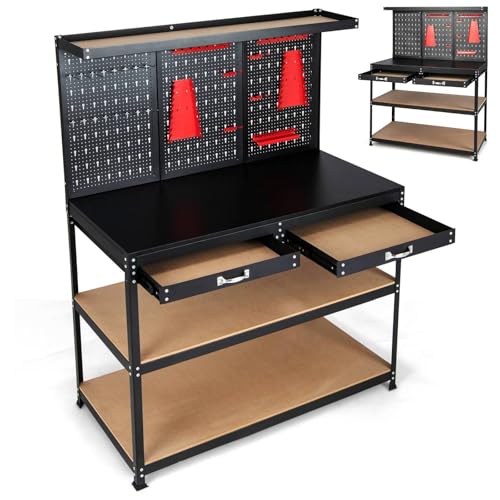 HOMFME Tool Workbench, Metal Garage Work Bench with Pegboard, 2 Drawers and 25 Hanging Accessories, Heavy Duty Worktop Tool Storage Station, 435kg Weight Capacity 1 HOMFME Tool Workbench, Metal Garage Work Bench with Pegboard, 2 Drawers and 25 Hanging Accessories, Heavy Duty Worktop Tool Storage Station, 435kg Weight Capacity