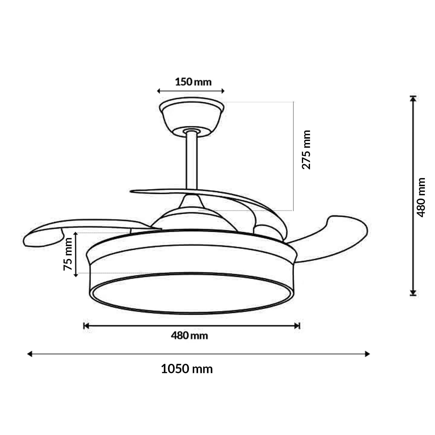 M mimotec- Ventilatore da Soffitto White Afar Retrattile con Luce LED CCT 40W Ø107 cm, Motore DC Silenzioso, Telecomando, 6 Velocità, Pale Pieghevoli, Timer e Funzione Estate/Inverno